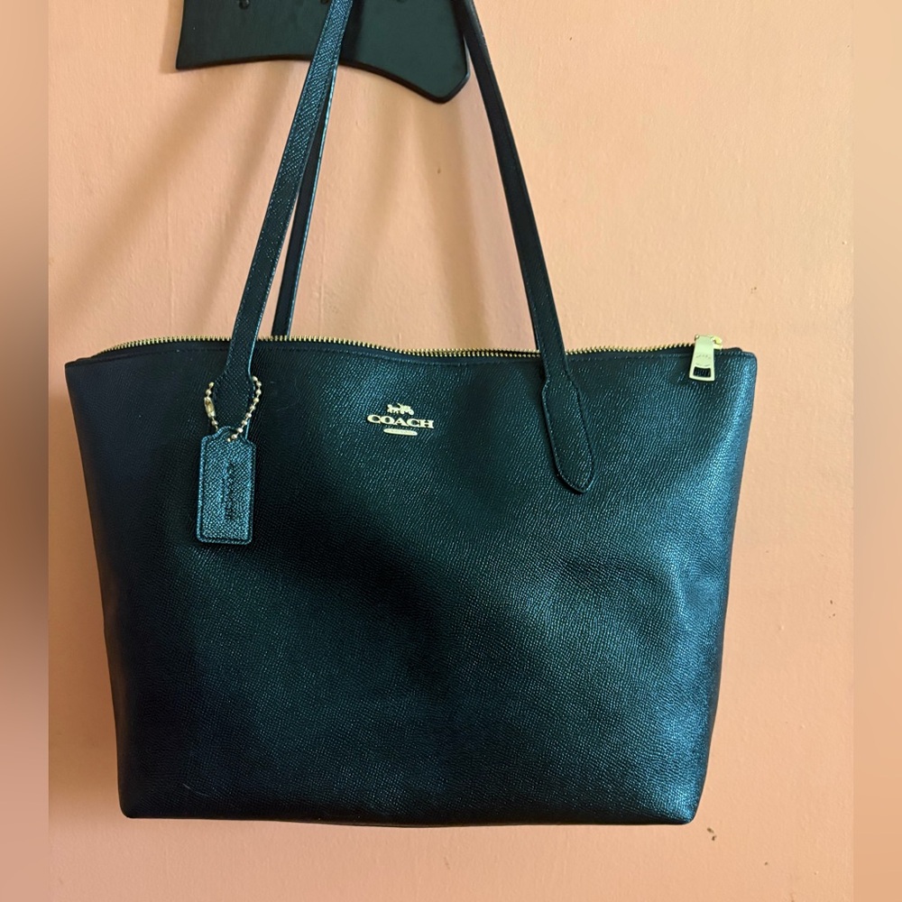 Coach Black Leather Top Zipper Tote,
Used, just polished.